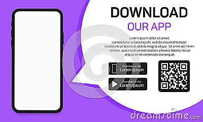 Download app to phone from store. Qr code for download of application. Advertising of smartphone app. Scan code, click Vector Illustration