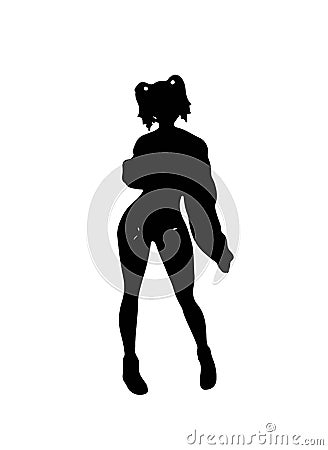 Black silhouette of a young cute girl with double ponytail wearing sweater and short Vector Illustration