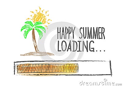 Download happy summer. Creative illustration with loading bar, sun, palm tree and inscription for creative design Vector Illustration