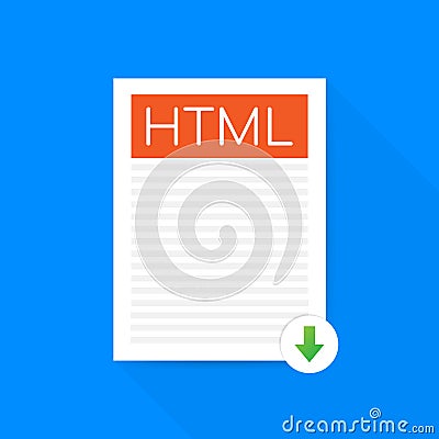 Download HTML button. Downloading document concept. File with HTML label and down arrow sign. Vector illustration. Vector Illustration