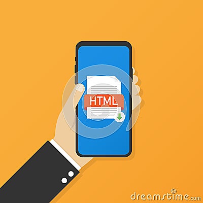 Download HTML button on smartphone screen. Downloading document concept. File with HTML label and down arrow sign Vector Illustration