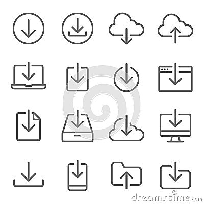 Download icons set vector illustration. Contains such icon as Website, Mobile, File, Folder, Cloud and more. Expanded Stroke Vector Illustration