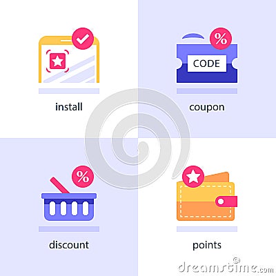 Download and install application on smartphone, earn points and redeem bonuses, register and activate promo codes Vector Illustration