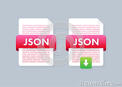 Download JSON button. Downloading document concept. File with JSON label and down arrow sign. Vector illustration. Vector Illustration