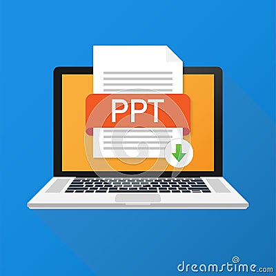 Download PPT button on laptop screen. Downloading document concept. File with PPT label and down arrow sign. Vector illustration. Vector Illustration