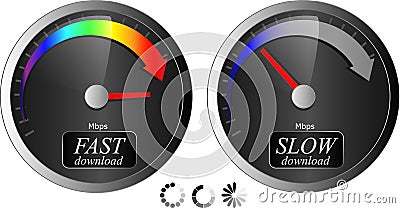 Download / upload speedometer. Fast/Slow speed 3 progress download icons. Stock Photo