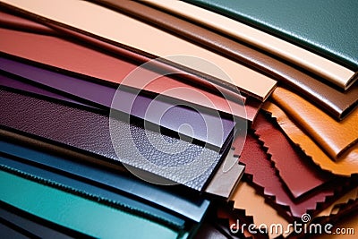 downloadable picture of a variety of leather samples on a studio table Stock Photo