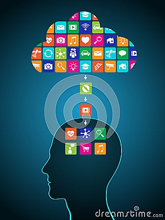 Downloading applications from the cloud to the head. Mobile applications are installed in the brain, replacing the mind Vector Illustration