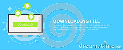 Downloading file to computer banner. The green arrows going to the monitor Cartoon Illustration