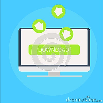 Downloading file to computer banner. The green arrows going to the monitor Vector Illustration