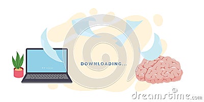 Downloading. Waiting update. Files upload from laptop to brain. Information and knowledge transfer. Data transaction Vector Illustration