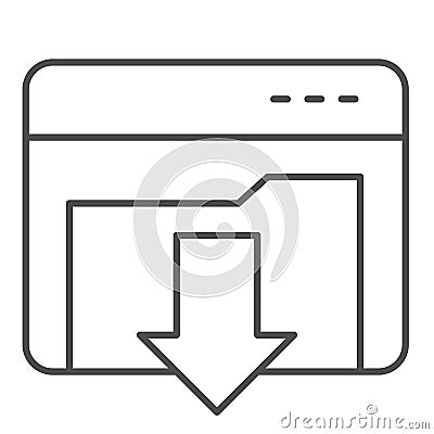 Downloads folder thin line icon. Computer directory with down arrow in window silhouette symbol, outline style pictogram Vector Illustration
