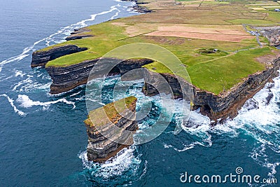 Downpatrick Head Eire sign amazing scenery aerial drone image Irish landmark Mayo Ireland Stock Photo