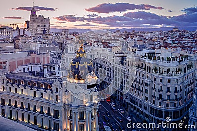 Downtown areal view of Madris from the Circulo de Bellas Artes at sunset with colourful sky, Spain Stock Photo