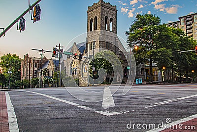 Downtown Atlanta morning covid-19 Old stone church on Peachtree and North Editorial Stock Photo