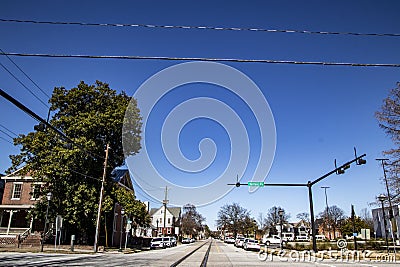 Downtown Augusta Georgia Telfair street sign and railroad tracks Editorial Stock Photo