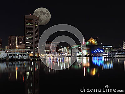 Downtown Baltimore Maryland Night Skyline Moon Stock Photo