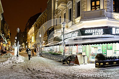 Downtown Bucharest City At Night During Strong Blizzard Snow Storm Editorial Stock Photo