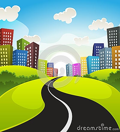 Downtown Cartoon Landscape Vector Illustration