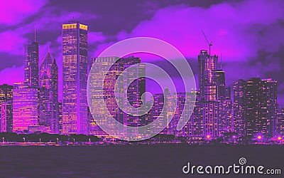 Downtown Chicago cityscape skyline at night 1980`s retro style Stock Photo