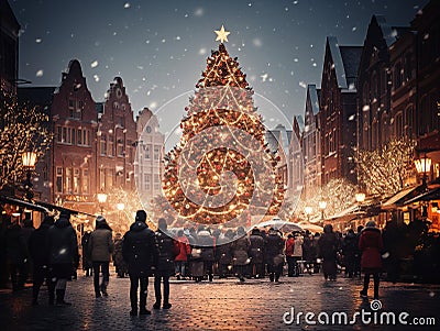 Downtown Christmas Magic: Giant Christmas Tree Shines Bright on Christmas Eve Stock Photo