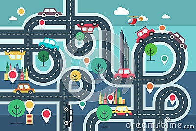 Downtown City Map with Pins and Cars on Road Vector Illustration