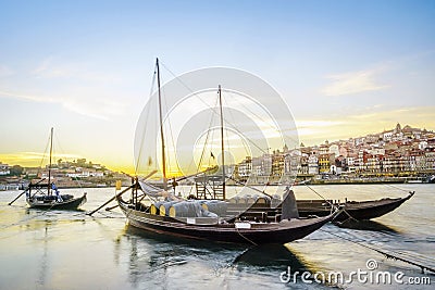 Downtown cityscape by Douro river with old boats, Porto, Portugal Stock Photo