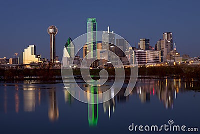 Downtown Dallas, Texas at night with the Trinity River Editorial Stock Photo