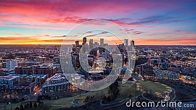 Downtown Denver, Colorado, USA Drone Skyline Aerial Panorama Stock Photo