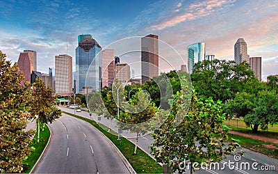 Downtown Houston skyline in Texas USA at sunset Editorial Stock Photo