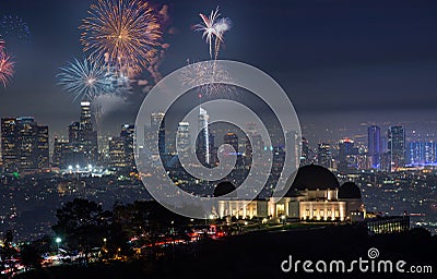 Downtown Los angeles cityscape with fireworks celebrating New Year`s Eve. Stock Photo