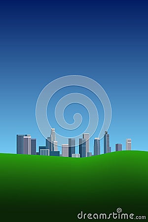 Downtown Los Angeles cityscape, green grass and blue sky Vector Illustration