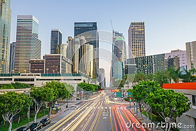 Downtown Los Angeles skyline during rush hour Stock Photo