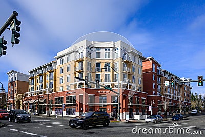 Downtown Mercer Island, street intersection with modern mixed-use buildings on opposite Editorial Stock Photo