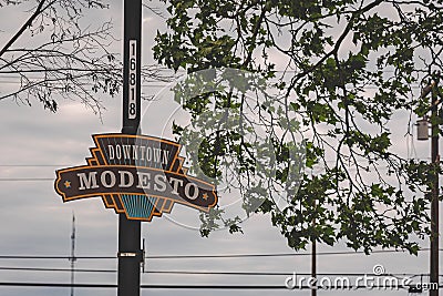 Downtown Modesto Sign and Branches Editorial Stock Photo