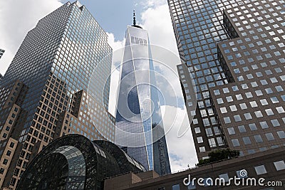 Downtown New York City looking up at the Freedom Tower Editorial Stock Photo