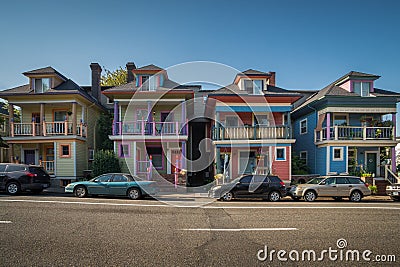 Downtown Portland, Oregon, USA - August 3, 2018: Four houses with unique paint in downtown Portland Editorial Stock Photo