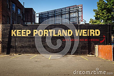 Downtown Portland, Oregon, USA - August 3, 2018: Keep Portland Weird Street Lettering Sign to promote local business Editorial Stock Photo