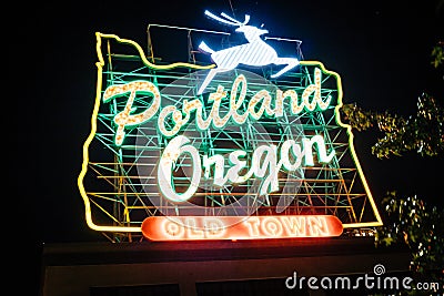 Downtown Portland, Oregon, USA - August 22, 2018: Portland White Stag Neon Sign Editorial Stock Photo