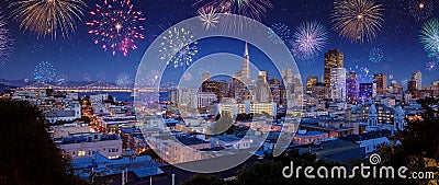 Downtown San Francisco city scape with fireworks on New Years Stock Photo