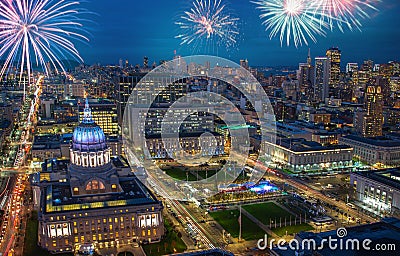 Downtown San Francisco cityscape with flashing fireworks Celebrating New Years Eve Stock Photo