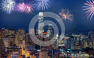 Downtown San Francisco cityscape with flashing fireworks Celebrating New Years Eve Stock Photo