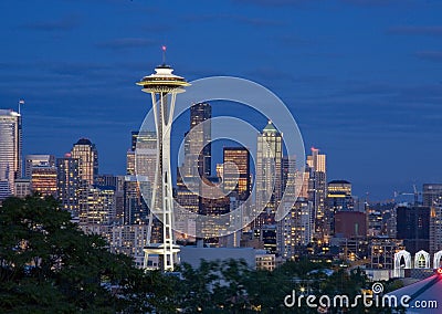 Downtown Seattle at Dusk with Long Shutter speed Stock Photo