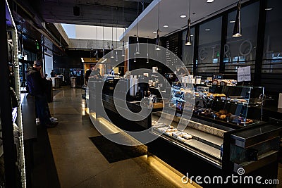 Downtown Seattle coffee shop trying to stay open at the beginning of the coronavirus closure Editorial Stock Photo