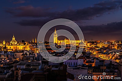 Downtown Sevilla and Cathedral at night Stock Photo