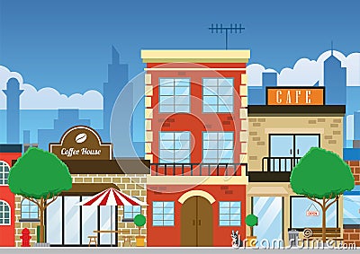 Downtown shopping street in clean flat style Vector Illustration