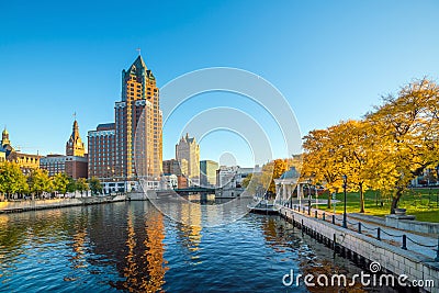 Downtown skyline with Buildings along the Milwaukee River Stock Photo