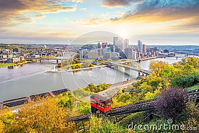 Downtown skyline and vintage incline in Pittsburgh Stock Photo