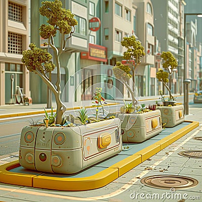Downtown smart city street lined with phyto-remediation gardens, illustrating solutions for cleaner air and urban beautification Cartoon Illustration
