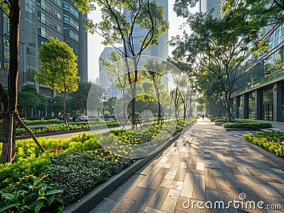 Downtown smart city street lined with phyto-remediation gardens, illustrating solutions for cleaner air and urban beautification Cartoon Illustration